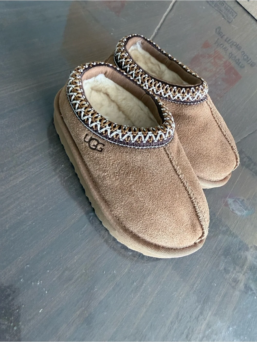 UGG Kids Tasman’s Chestnut Brown Suede Slip-On Slippers